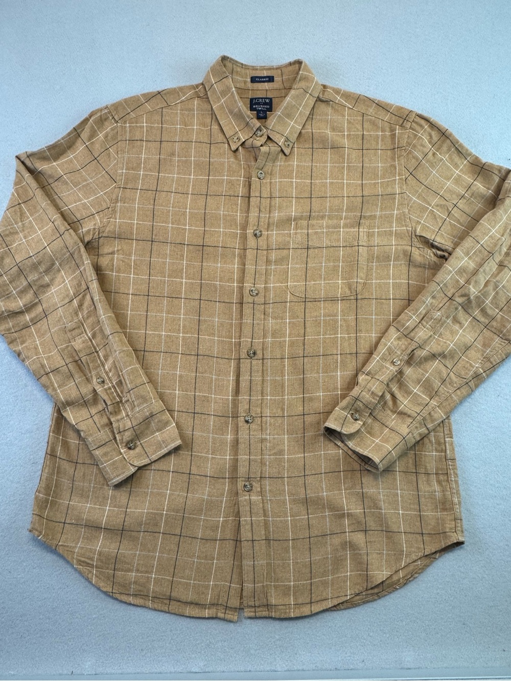 J. Crew Men’s Camel Brushed Twill Plaid Button-Down Shirt, Large
